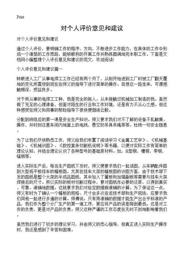 对个人评价意见和建议