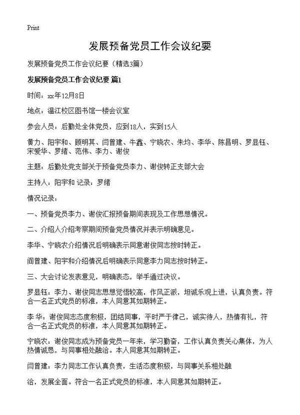 发展预备党员工作会议纪要3篇