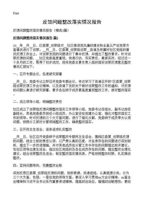 反馈问题整改落实情况报告3篇