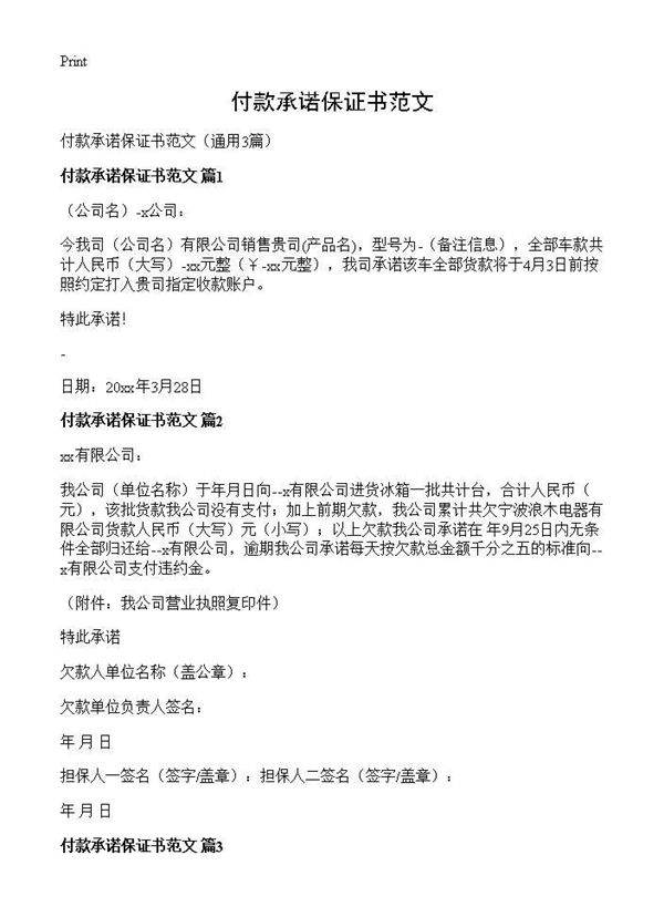 付款承诺保证书范文3篇
