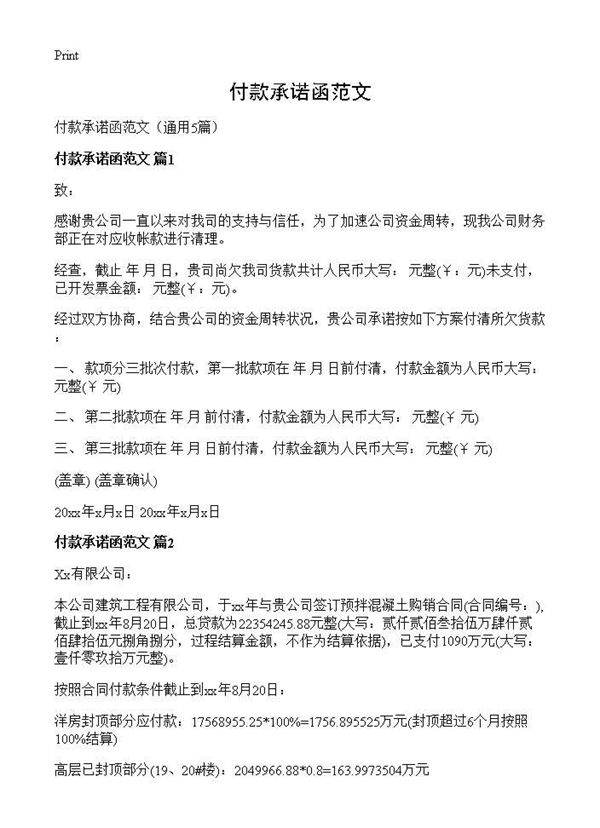 付款承诺函范文5篇