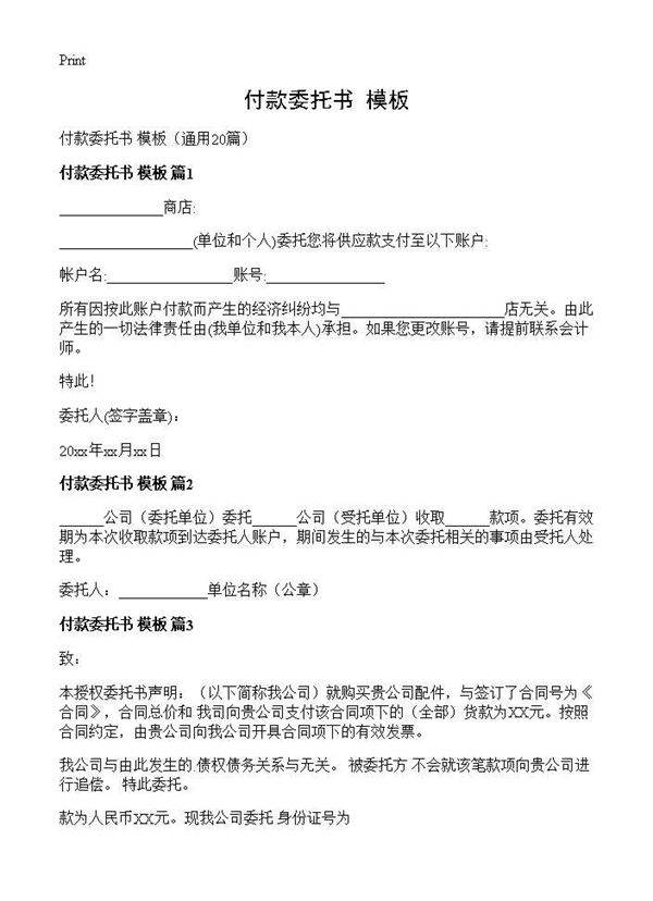 付款委托书 模板20篇