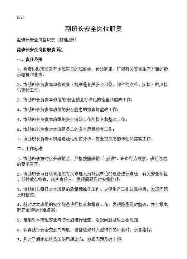 副班长安全岗位职责3篇