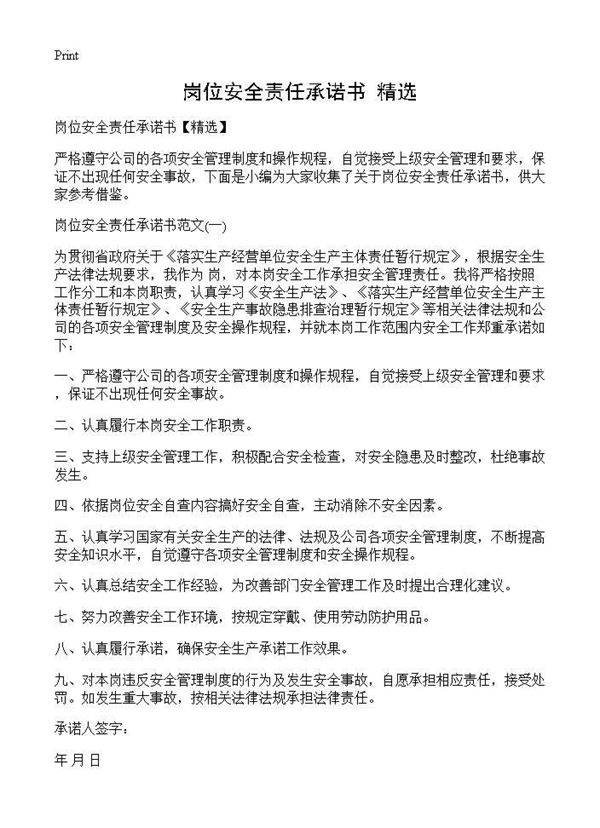 岗位安全责任承诺书(精选)