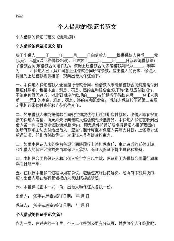 个人借款的保证书范文3篇