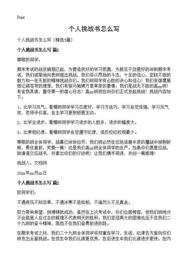 个人挑战书怎么写5篇