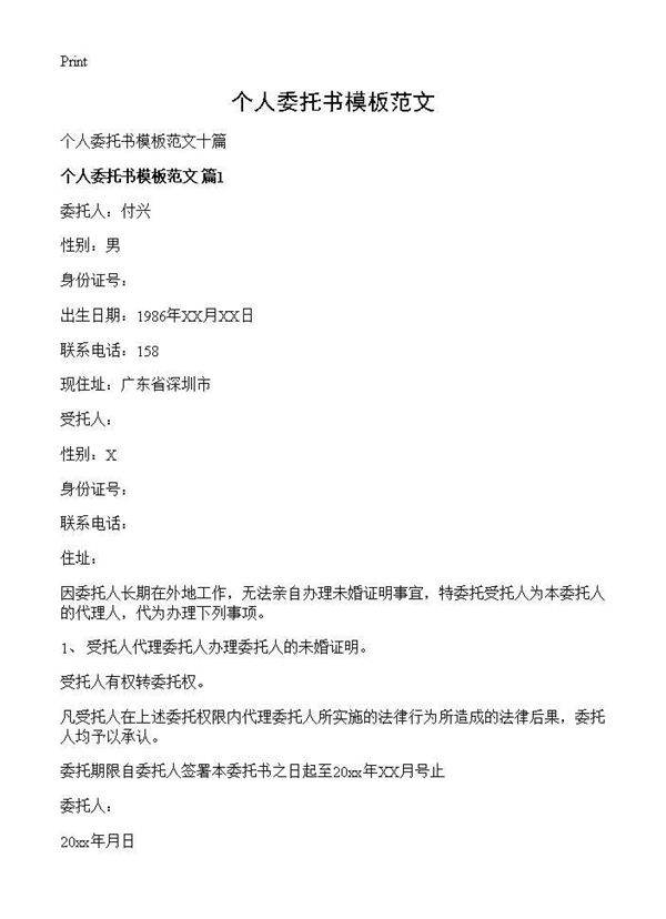 个人委托书模板范文
