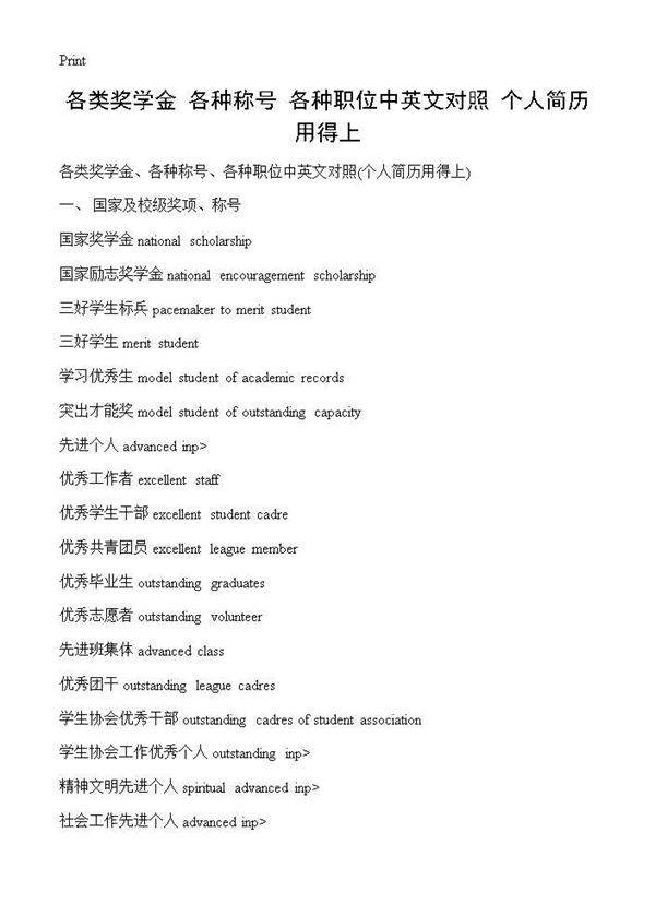 各类奖学金 各种称号 各种职位中英文对照(个人简历用得上)