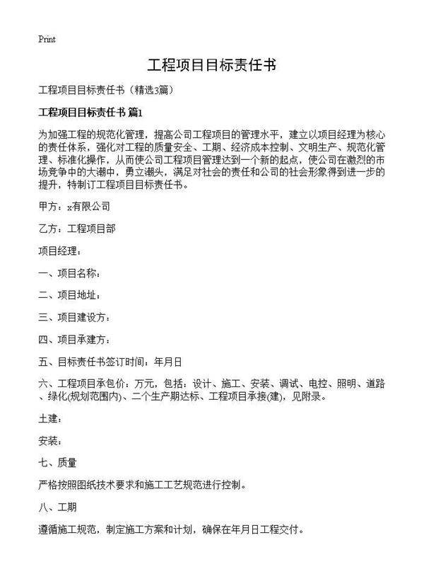 工程项目目标责任书3篇