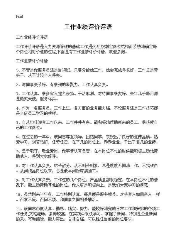 工作业绩评价评语