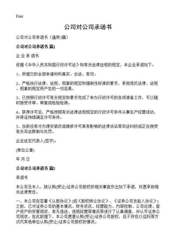公司对公司承诺书3篇