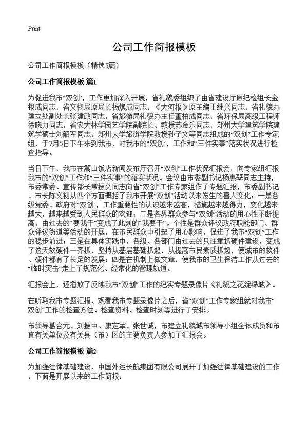 公司工作简报模板5篇