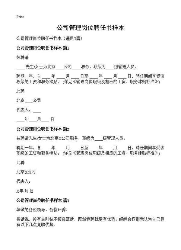 公司管理岗位聘任书样本3篇