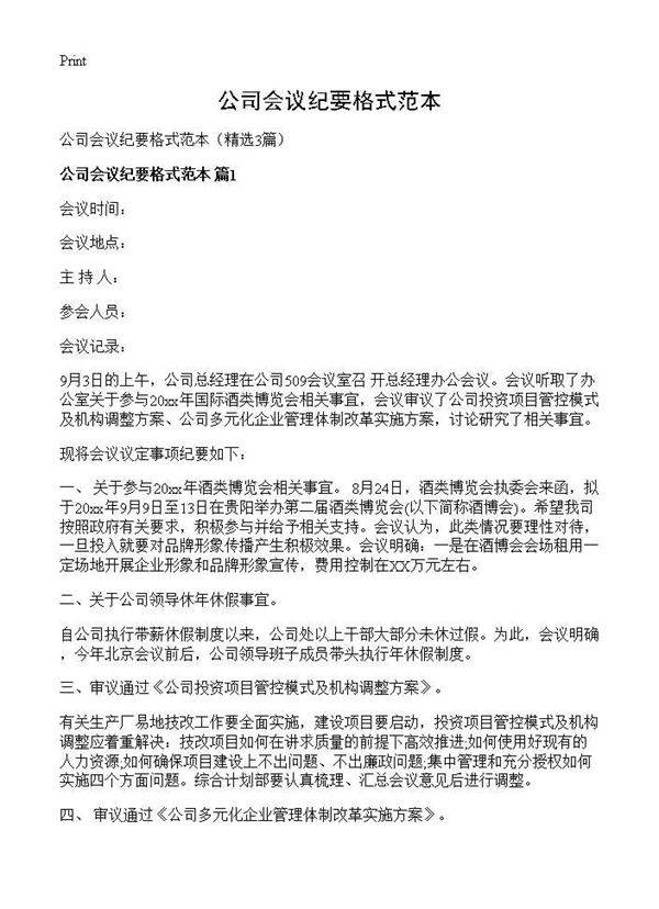 公司会议纪要格式范本3篇
