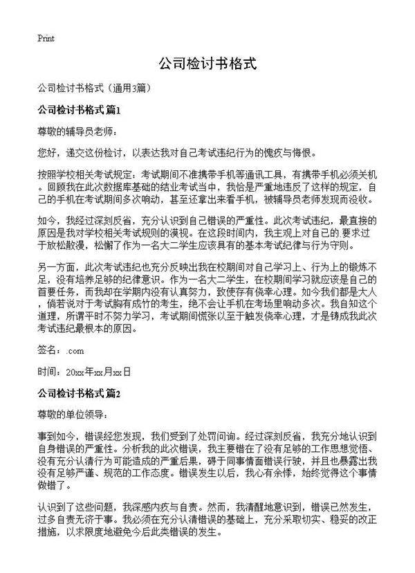 公司检讨书格式3篇