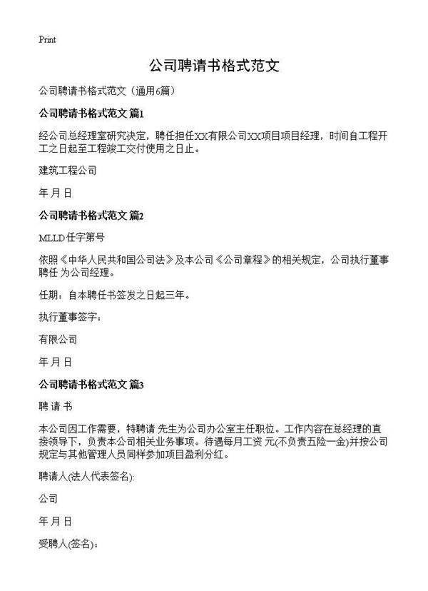 公司聘请书格式范文6篇