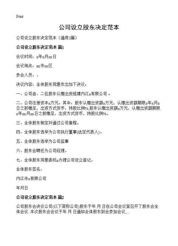 公司设立股东决定范本3篇