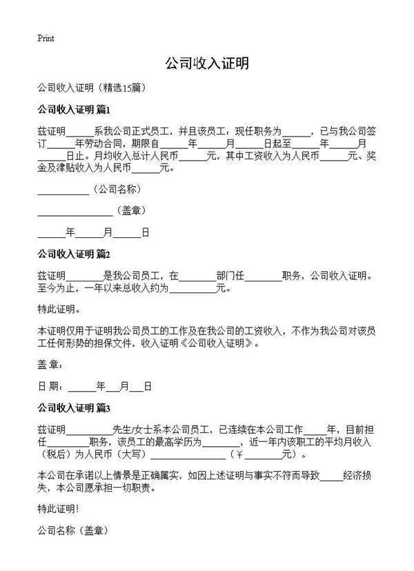 公司收入证明15篇