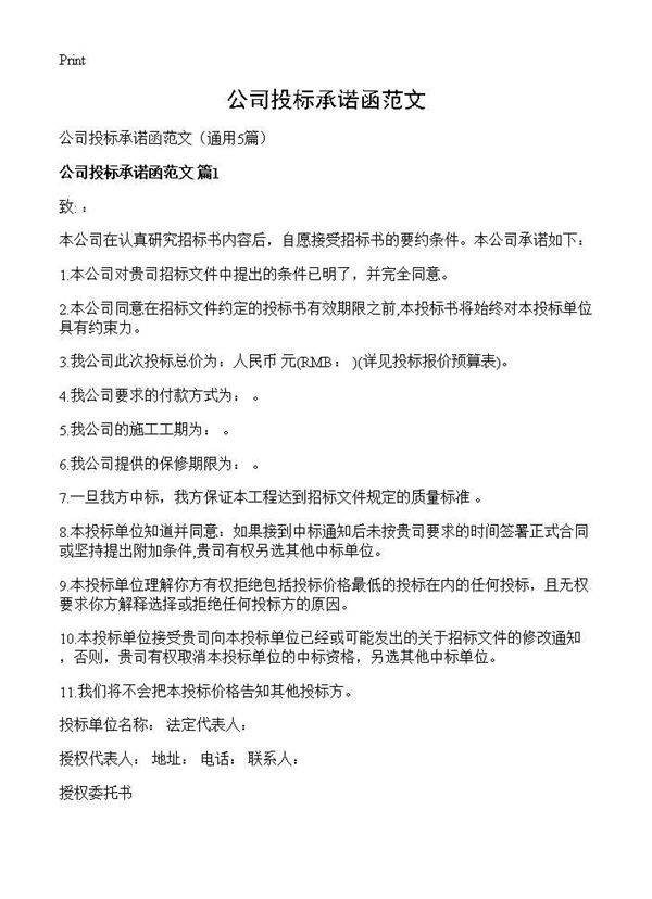 公司投标承诺函范文5篇