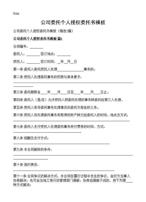 公司委托个人授权委托书模板7篇