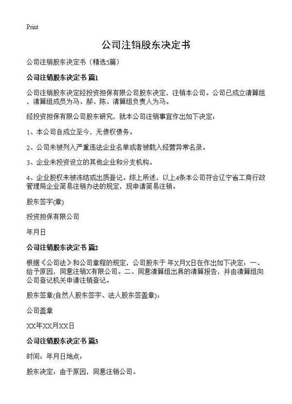 公司注销股东决定书5篇