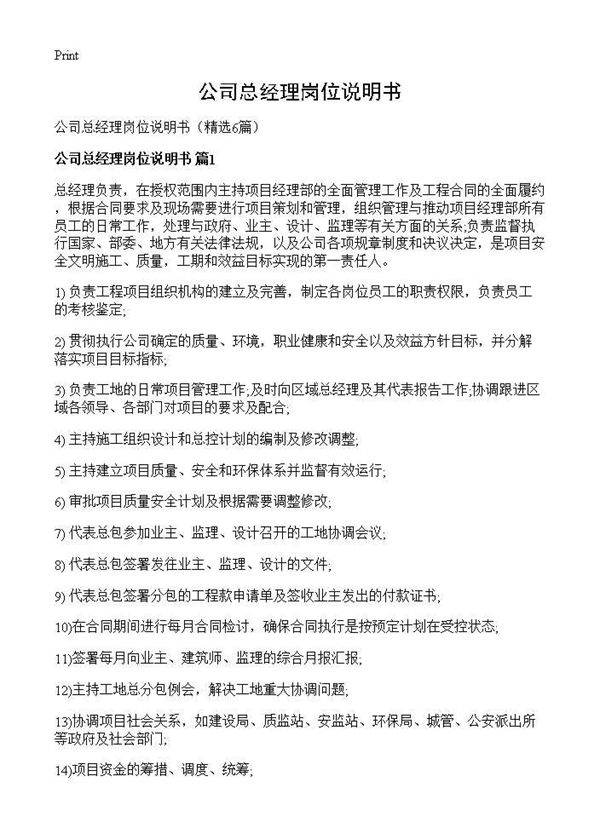 公司总经理岗位说明书6篇