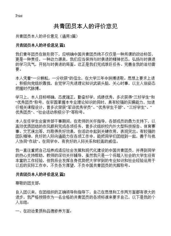 共青团员本人的评价意见3篇