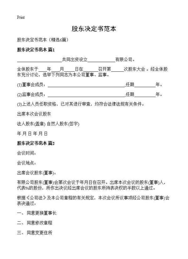 股东决定书范本6篇