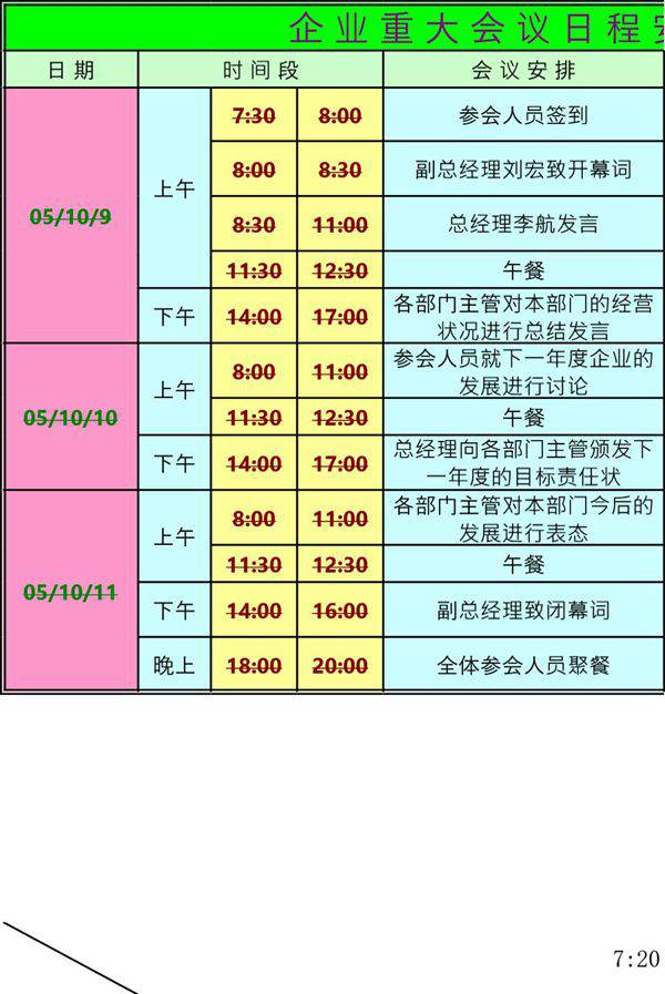 企业重大会议日程安排提醒表模板
