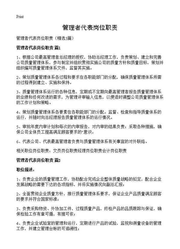 管理者代表岗位职责3篇