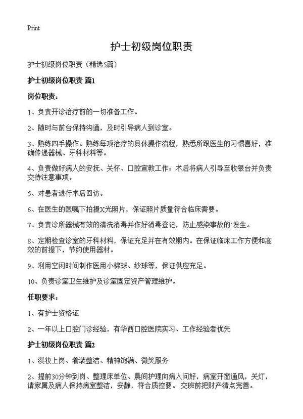 护士初级岗位职责5篇