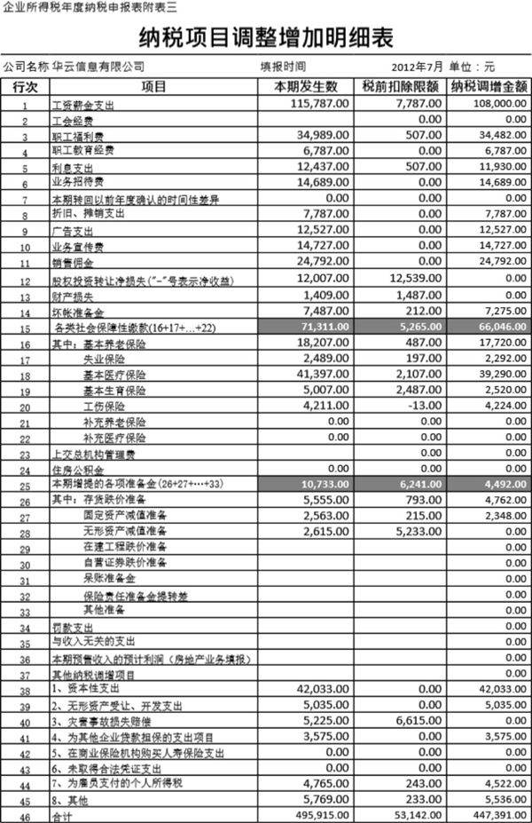 纳税调整增加项目明细表模板
