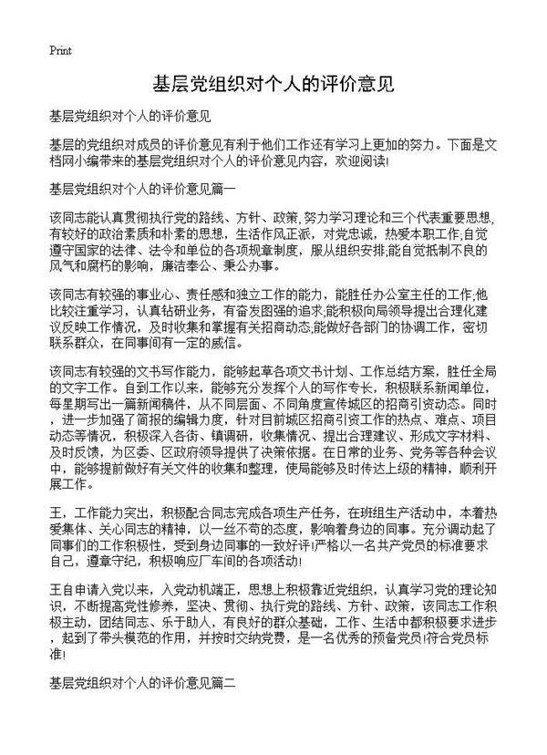 基层党组织对个人的评价意见