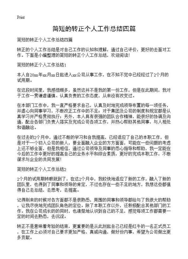 简短的转正个人工作总结四篇