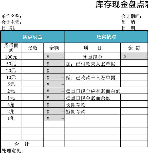 库存盘点现金模板