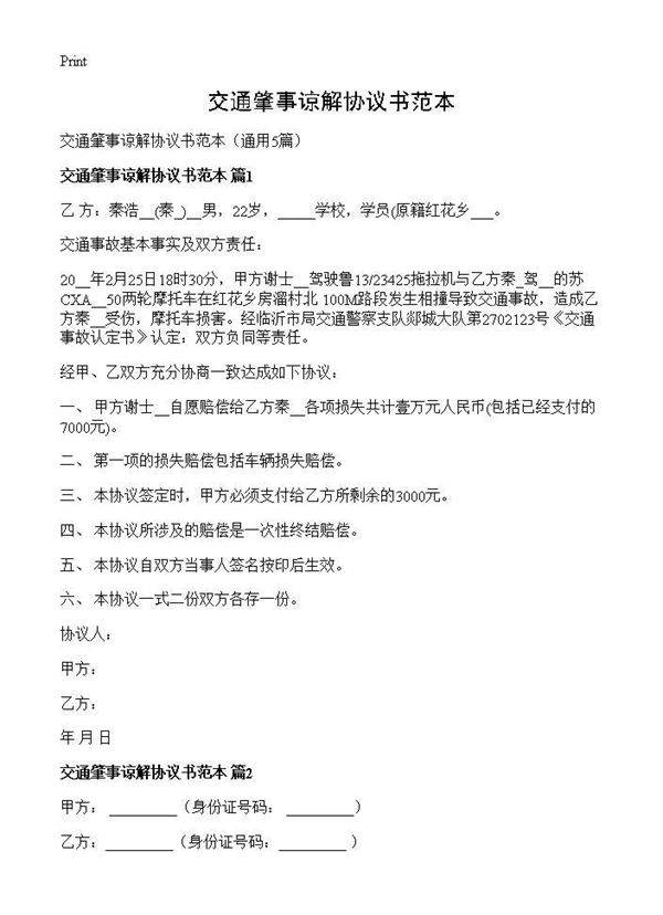 交通肇事谅解协议书范本5篇