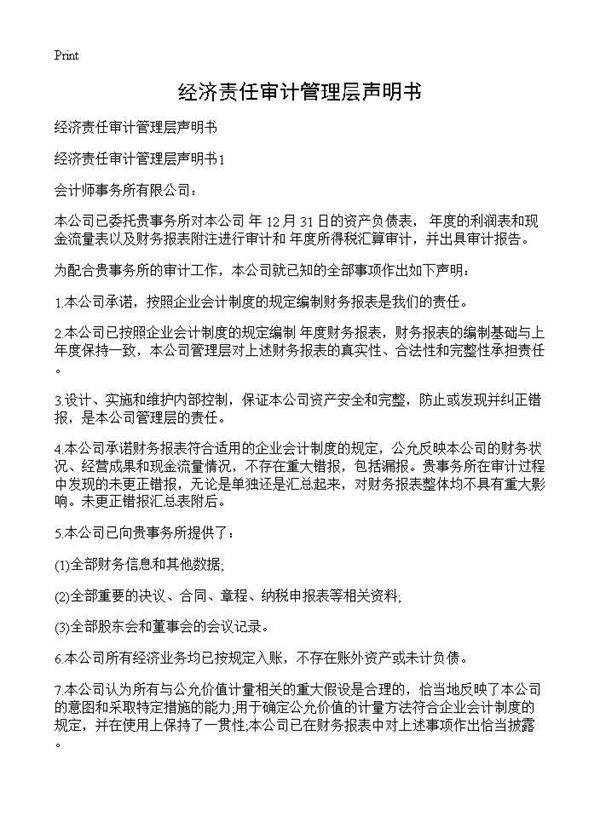 经济责任审计管理层声明书