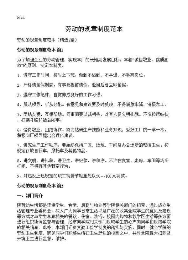 劳动的规章制度范本3篇