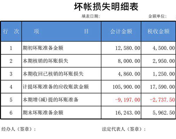 坏账损失明细表模板