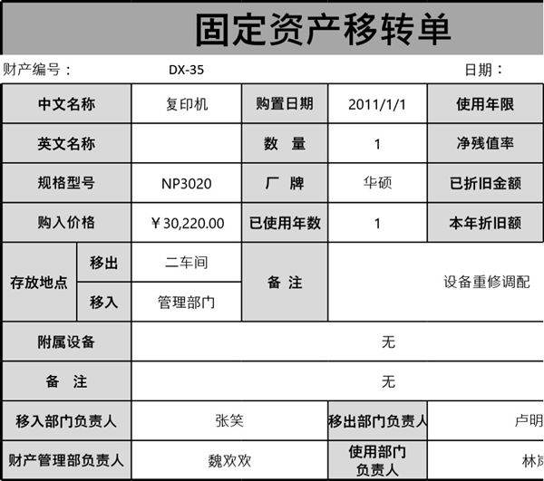 固定资产转移单模板