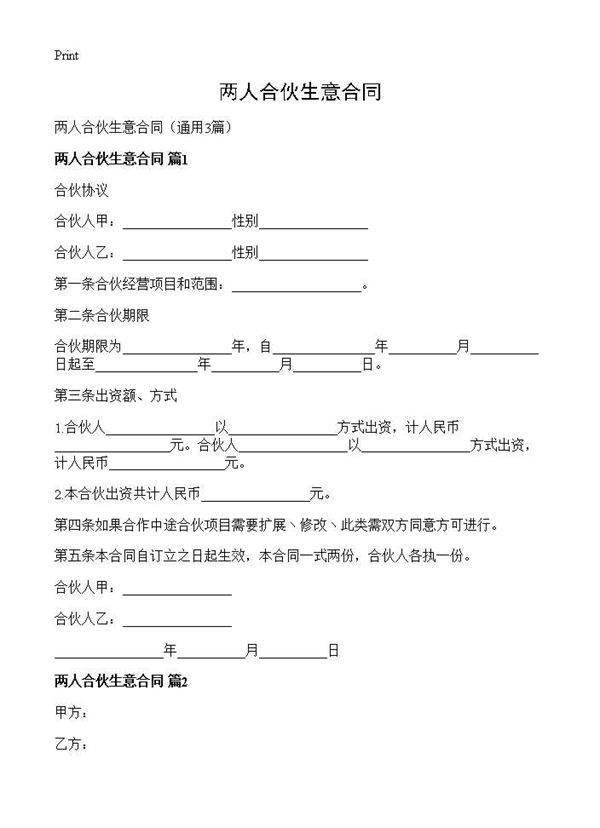 两人合伙生意合同3篇