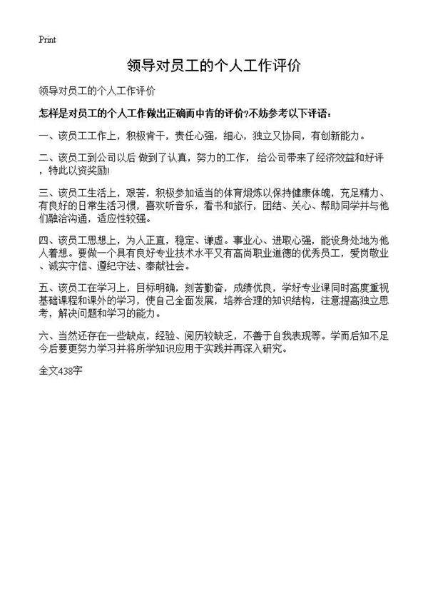 领导对员工的个人工作评价