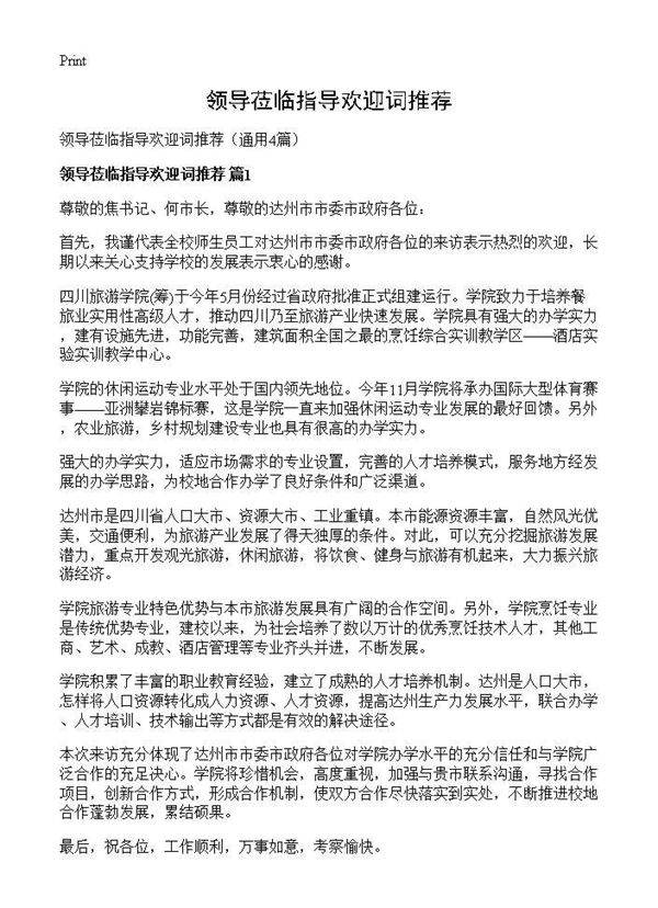 领导莅临指导欢迎词推荐4篇