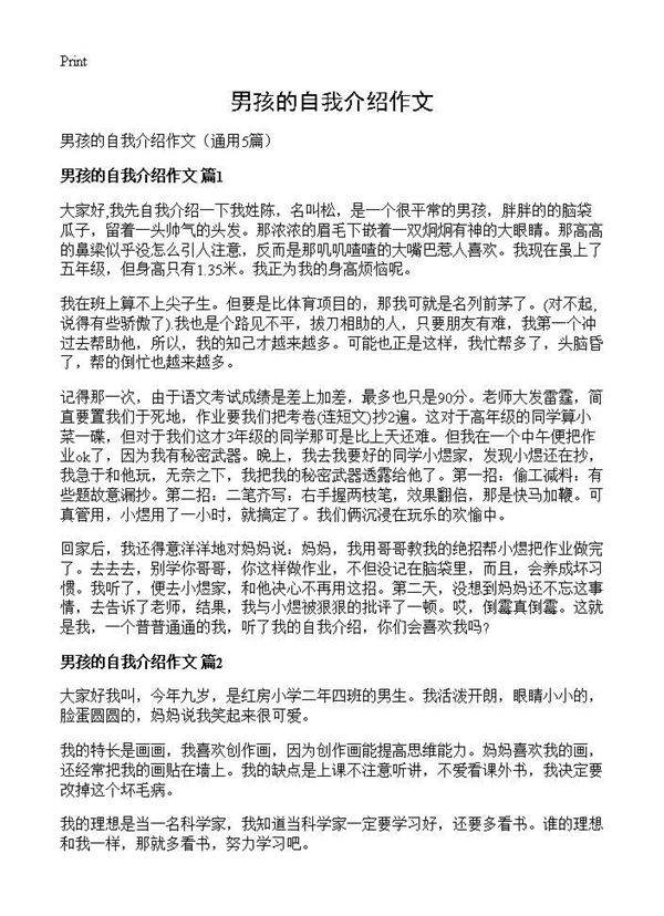 男孩的自我介绍作文5篇