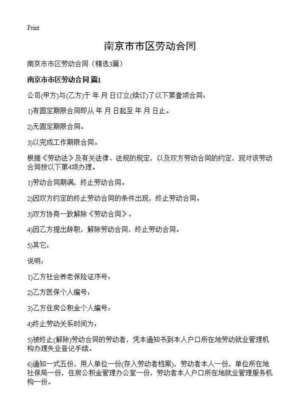 南京市市区劳动合同3篇