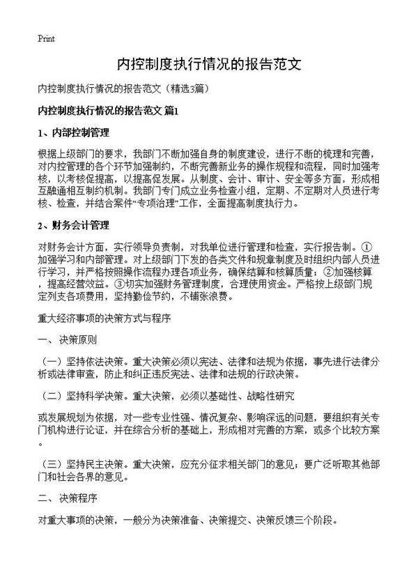 内控制度执行情况的报告范文3篇