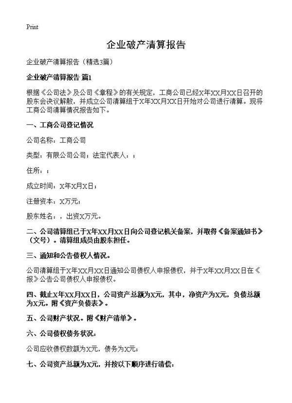 企业破产清算报告3篇