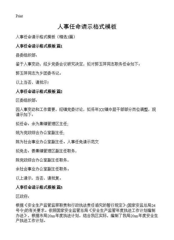 人事任命请示格式模板3篇