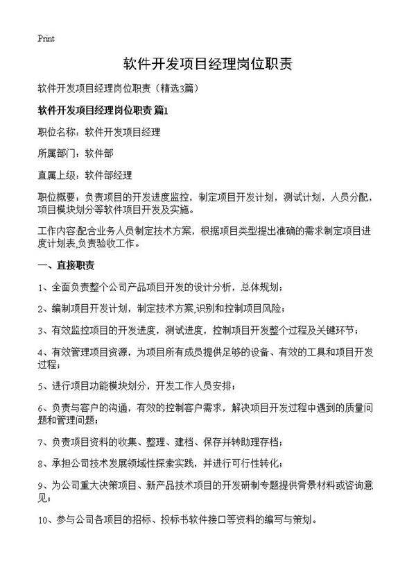 软件开发项目经理岗位职责3篇
