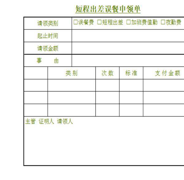 出差误餐费申领单